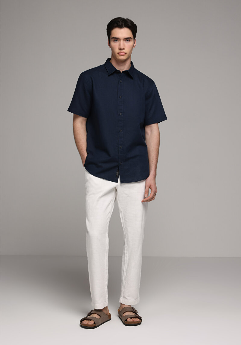 Regular Fit Shirt Neck Düz Erkek Lacivert Uzun Kol Gömlek