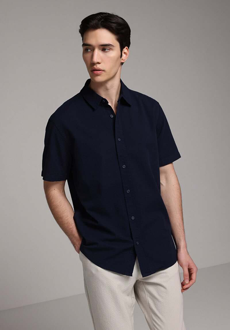 Regular Fit Shirt Neck Düz Erkek Lacivert Kısa Kol Gömlek