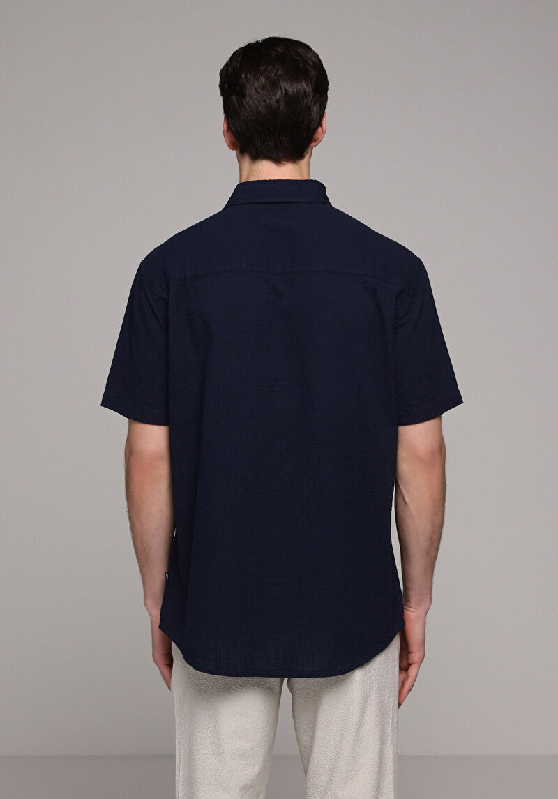Regular Fit Shirt Neck Düz Erkek Lacivert Kısa Kol Gömlek