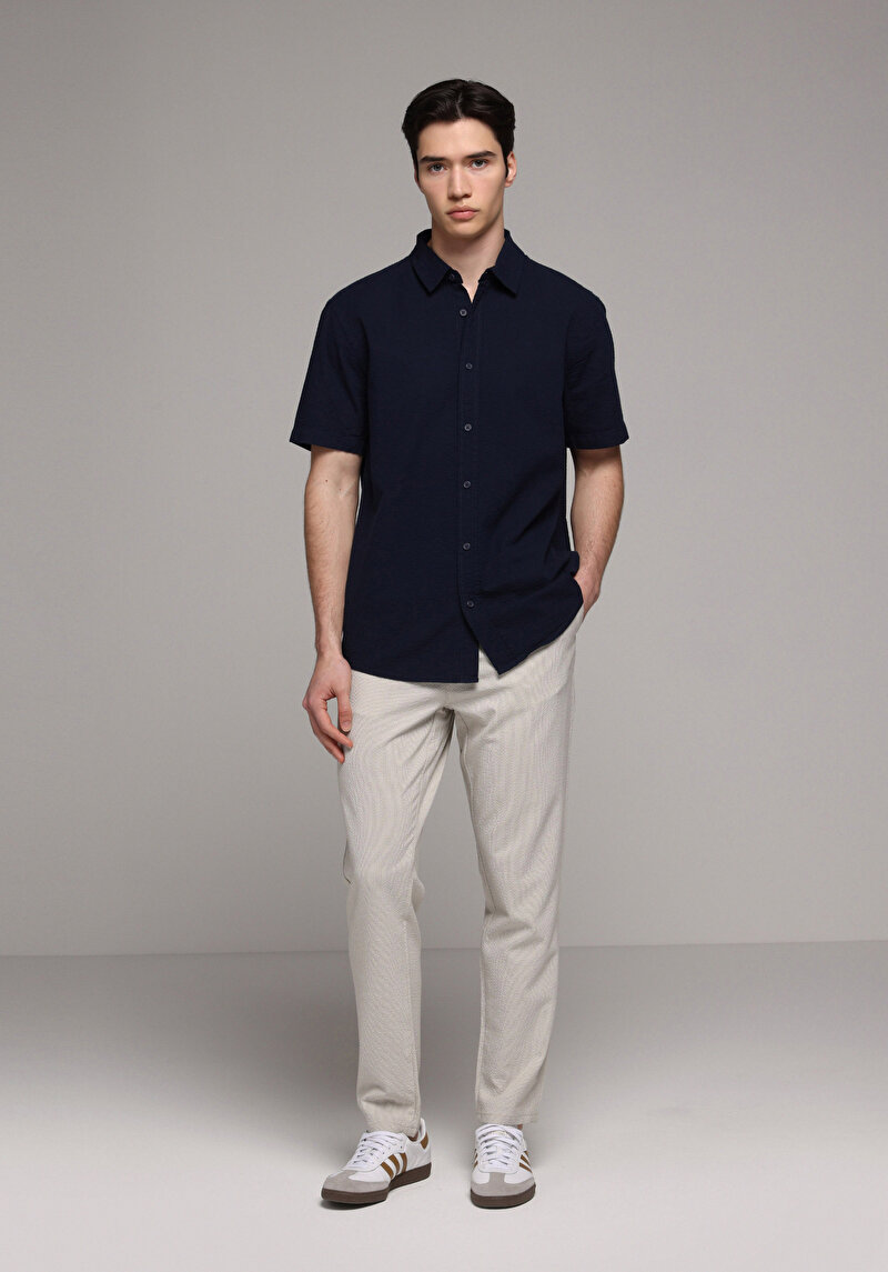 Regular Fit Shirt Neck Düz Erkek Lacivert Kısa Kol Gömlek