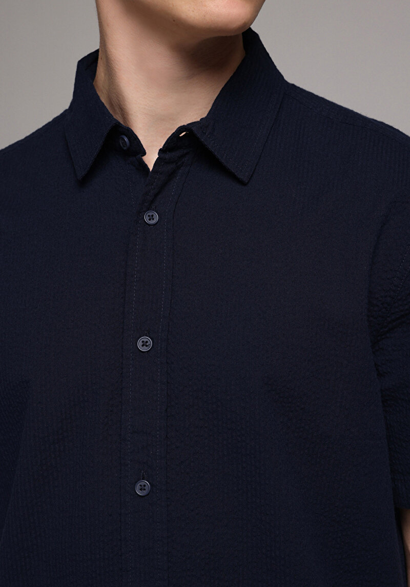 Regular Fit Shirt Neck Düz Erkek Lacivert Kısa Kol Gömlek