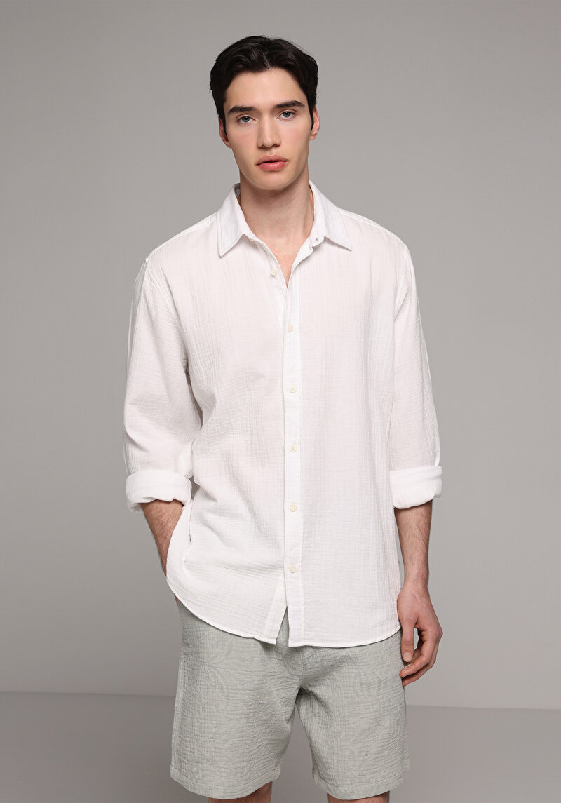 Relaxed Fit Shirt Neck Düz Erkek Beyaz Uzun Kol Gömlek