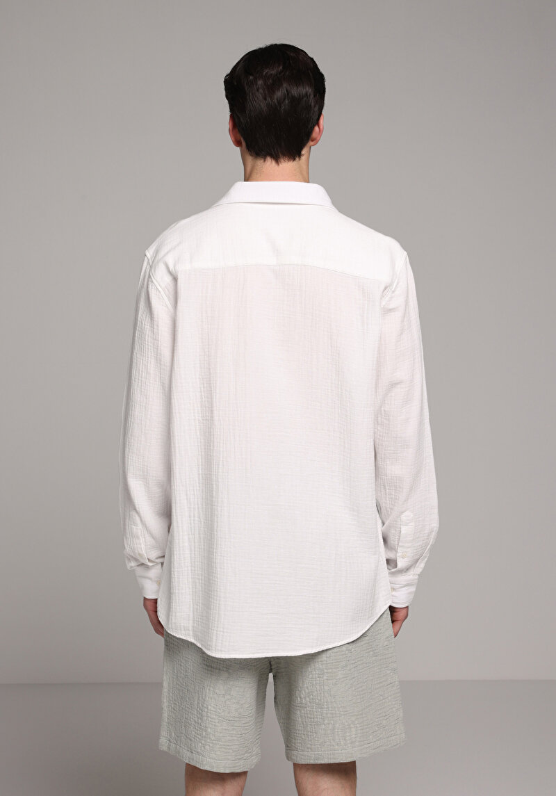 Relaxed Fit Shirt Neck Düz Erkek Beyaz Uzun Kol Gömlek