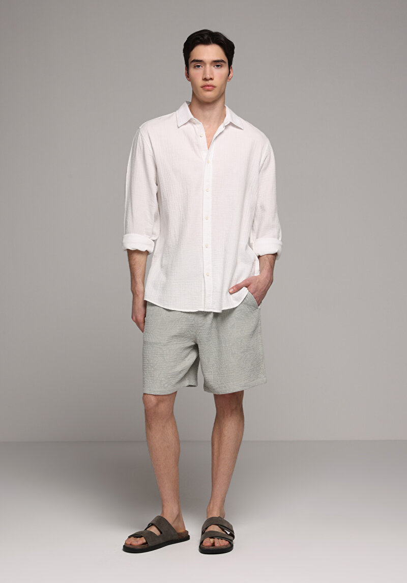 Relaxed Fit Shirt Neck Düz Erkek Beyaz Uzun Kol Gömlek
