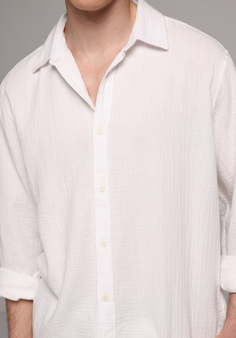 Relaxed Fit Shirt Neck Düz Erkek Beyaz Uzun Kol Gömlek