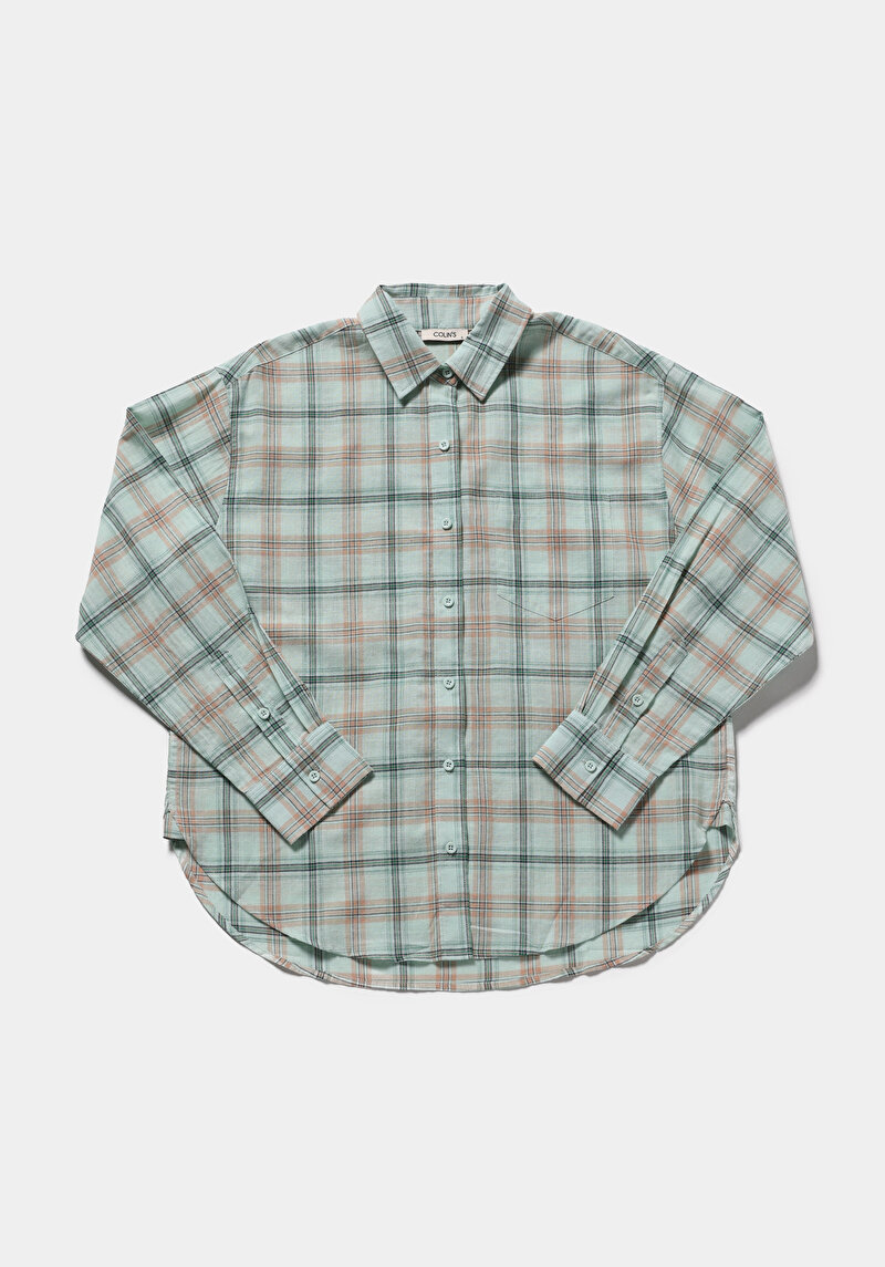 Boyfriend Fit Shirt Neck Ekoseli Kadın Yeşil Uzun Kol Gömlek