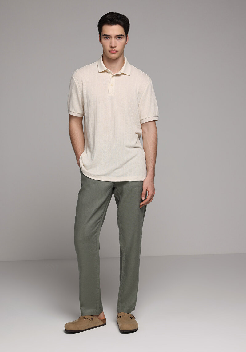 Regular Fit Polo Yaka Düz Erkek Bej Kısa Kol Tişört