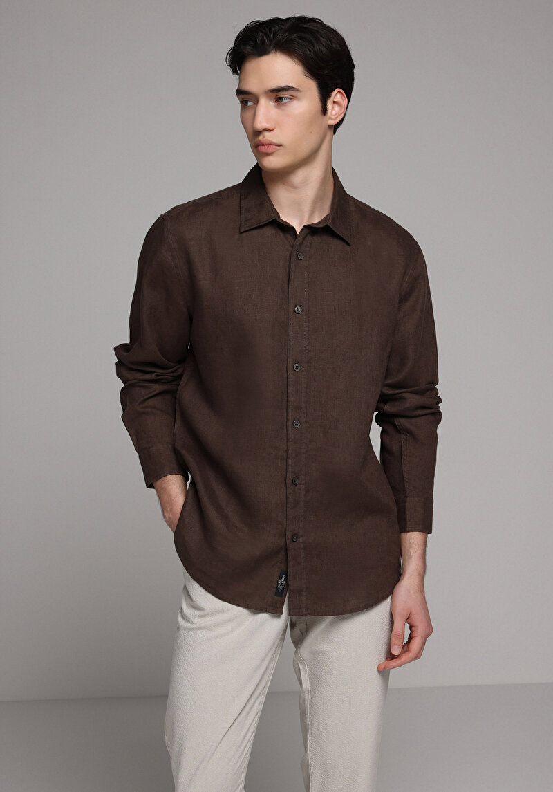 Regular Fit Shirt Neck Düz Erkek Kahverengi Uzun Kol Gömlek