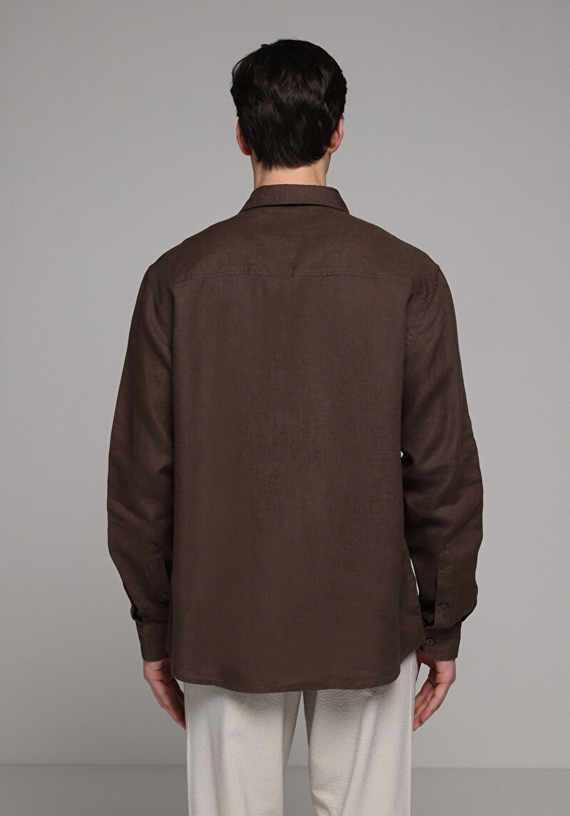 Regular Fit Shirt Neck Düz Erkek Kahverengi Uzun Kol Gömlek