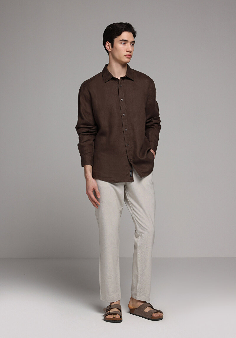 Regular Fit Shirt Neck Düz Erkek Kahverengi Uzun Kol Gömlek