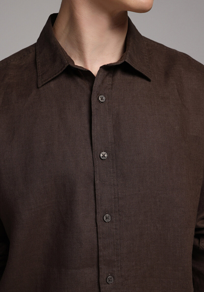 Regular Fit Shirt Neck Düz Erkek Kahverengi Uzun Kol Gömlek