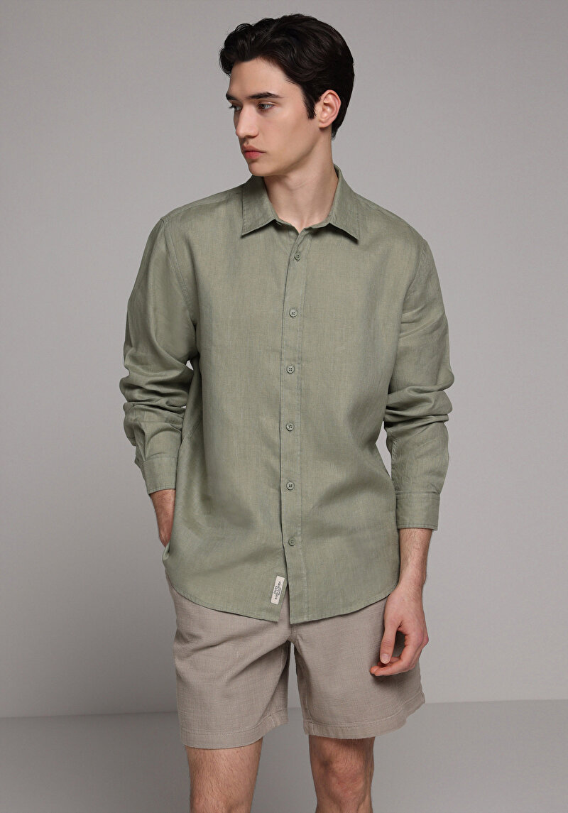 Regular Fit Shirt Neck Düz Erkek Yeşil Uzun Kol Gömlek