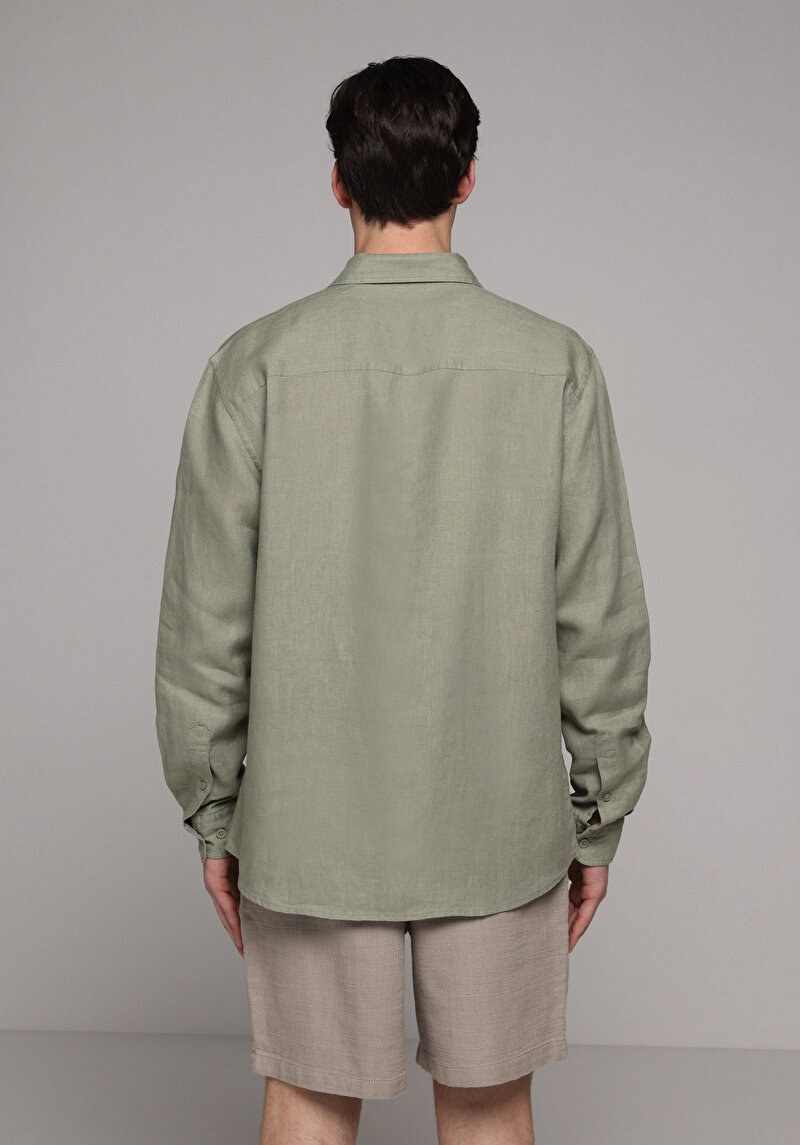 Regular Fit Shirt Neck Düz Erkek Yeşil Uzun Kol Gömlek
