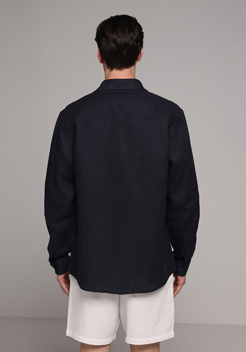 Regular Fit Shirt Neck Düz Erkek Lacivert Uzun Kol Gömlek