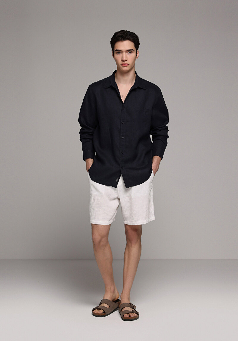 Regular Fit Shirt Neck Düz Erkek Lacivert Uzun Kol Gömlek