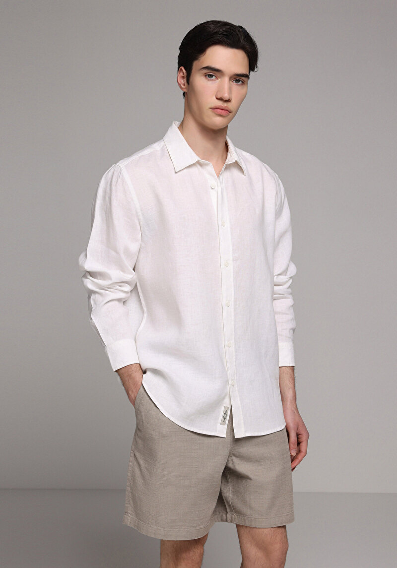 Regular Fit Shirt Neck Düz Erkek Beyaz Uzun Kol Gömlek