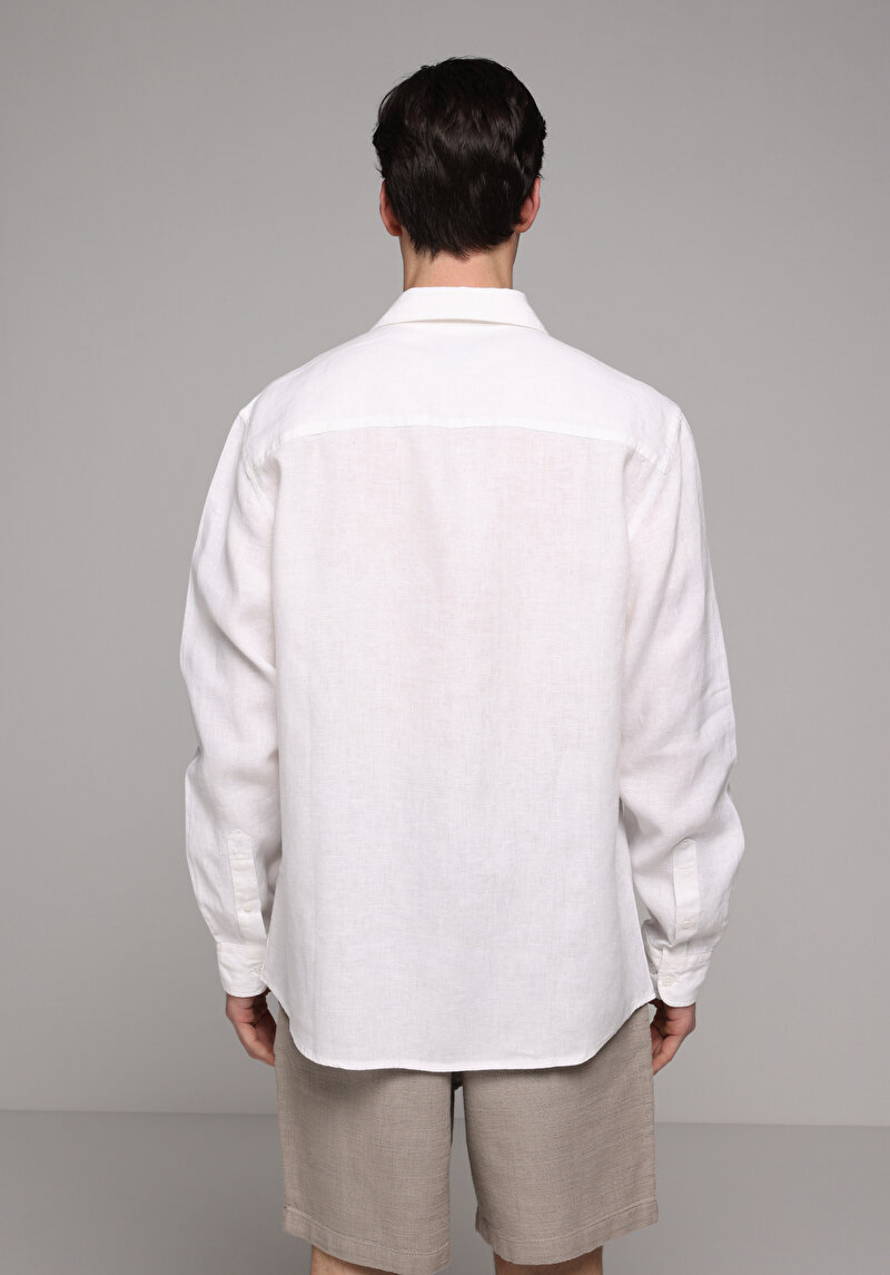Regular Fit Shirt Neck Düz Erkek Beyaz Uzun Kol Gömlek