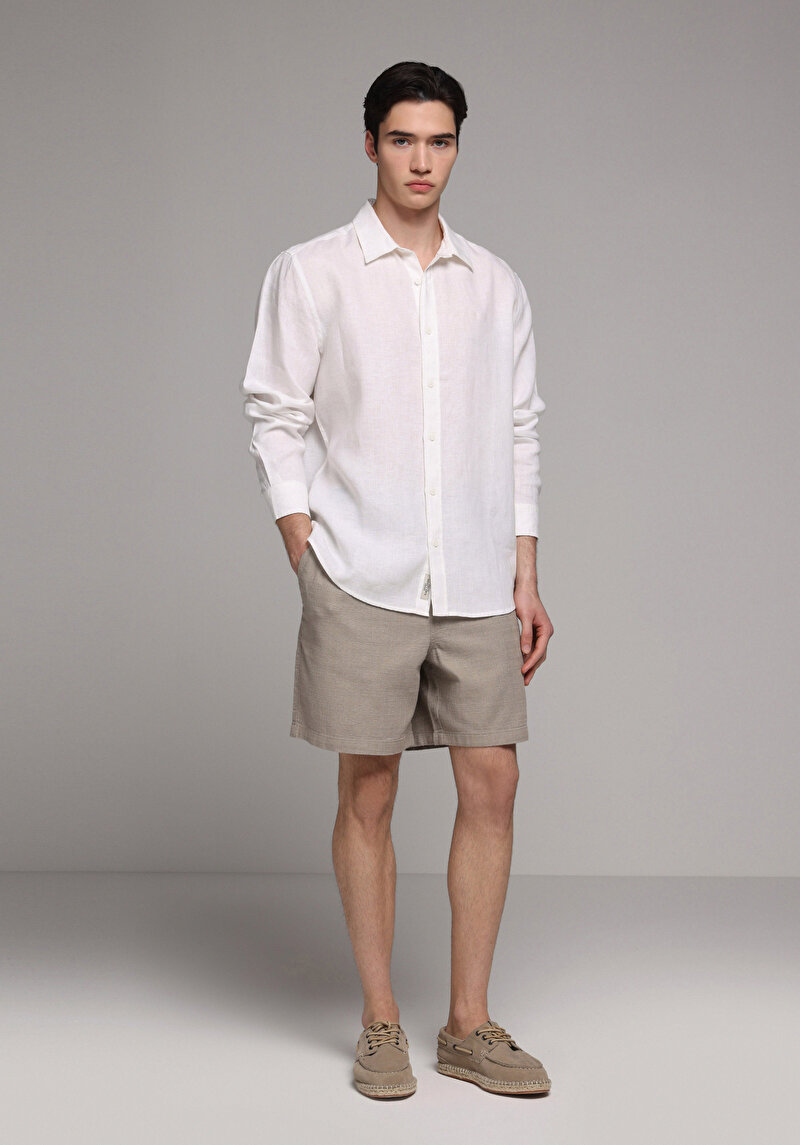 Regular Fit Shirt Neck Düz Erkek Beyaz Uzun Kol Gömlek