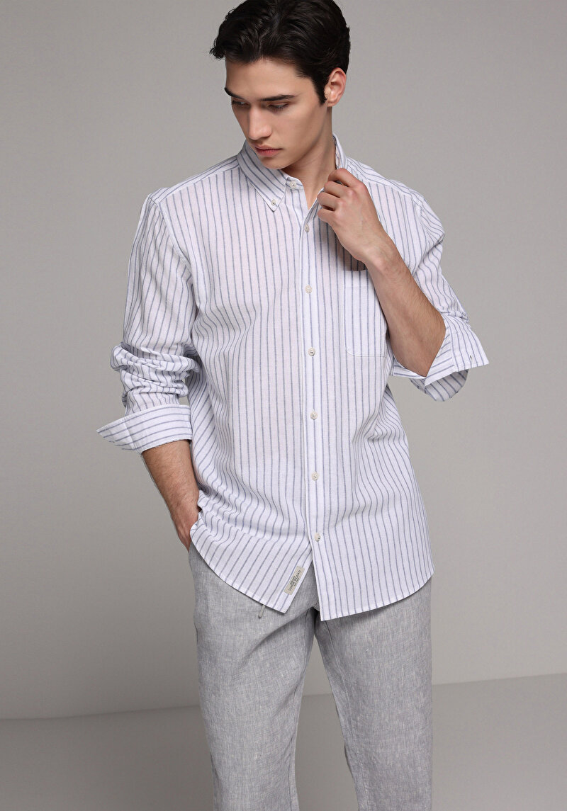 Regular Fit Shirt Neck Çizgili Erkek Lacivert Uzun Kol Gömlek