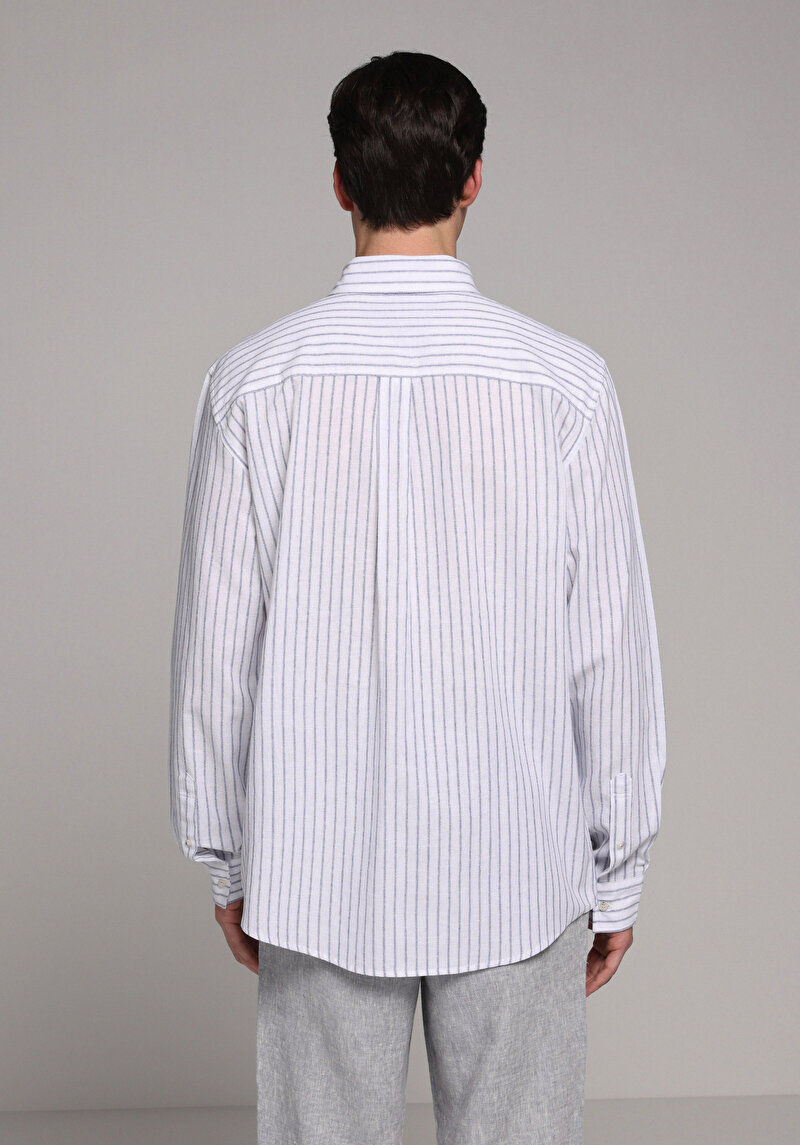 Regular Fit Shirt Neck Çizgili Erkek Lacivert Uzun Kol Gömlek