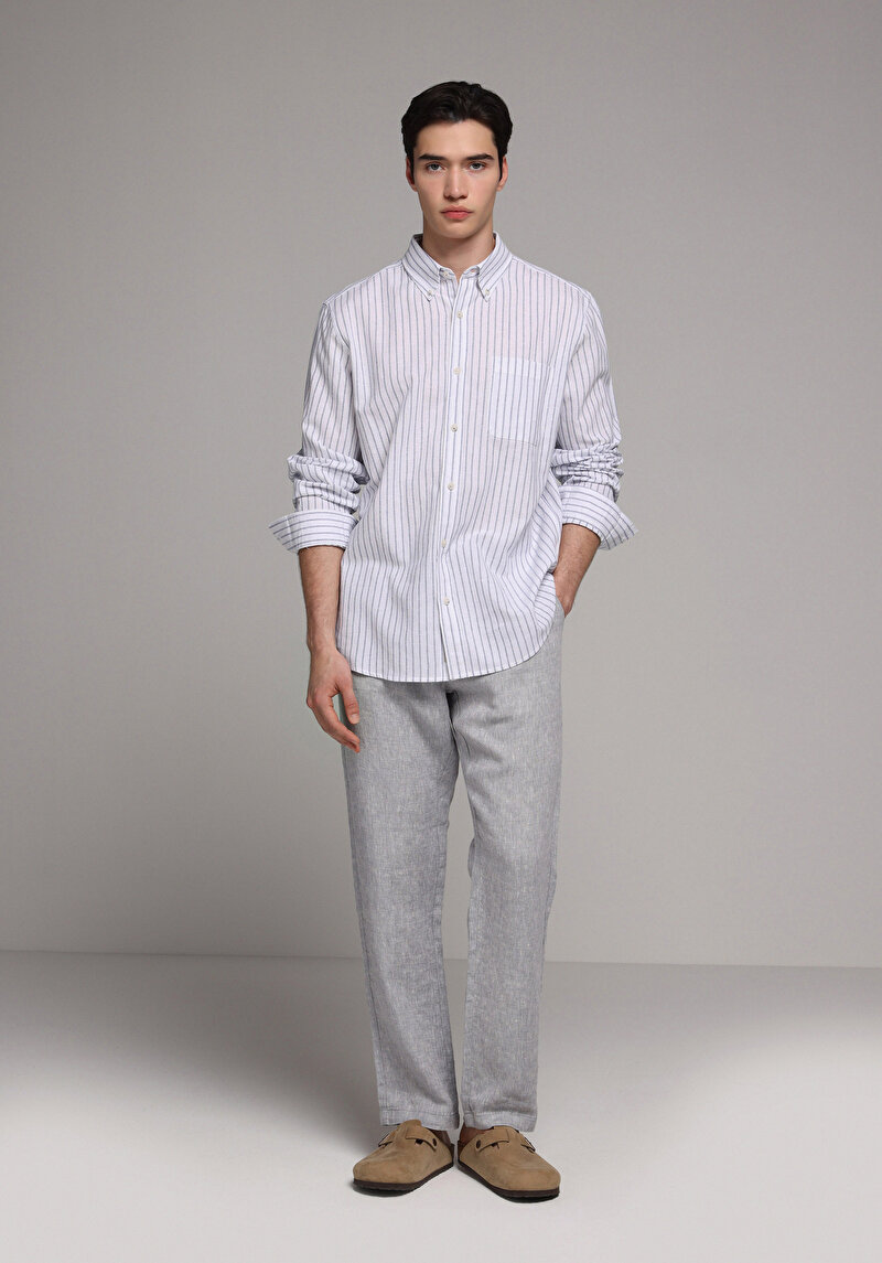Regular Fit Shirt Neck Çizgili Erkek Lacivert Uzun Kol Gömlek