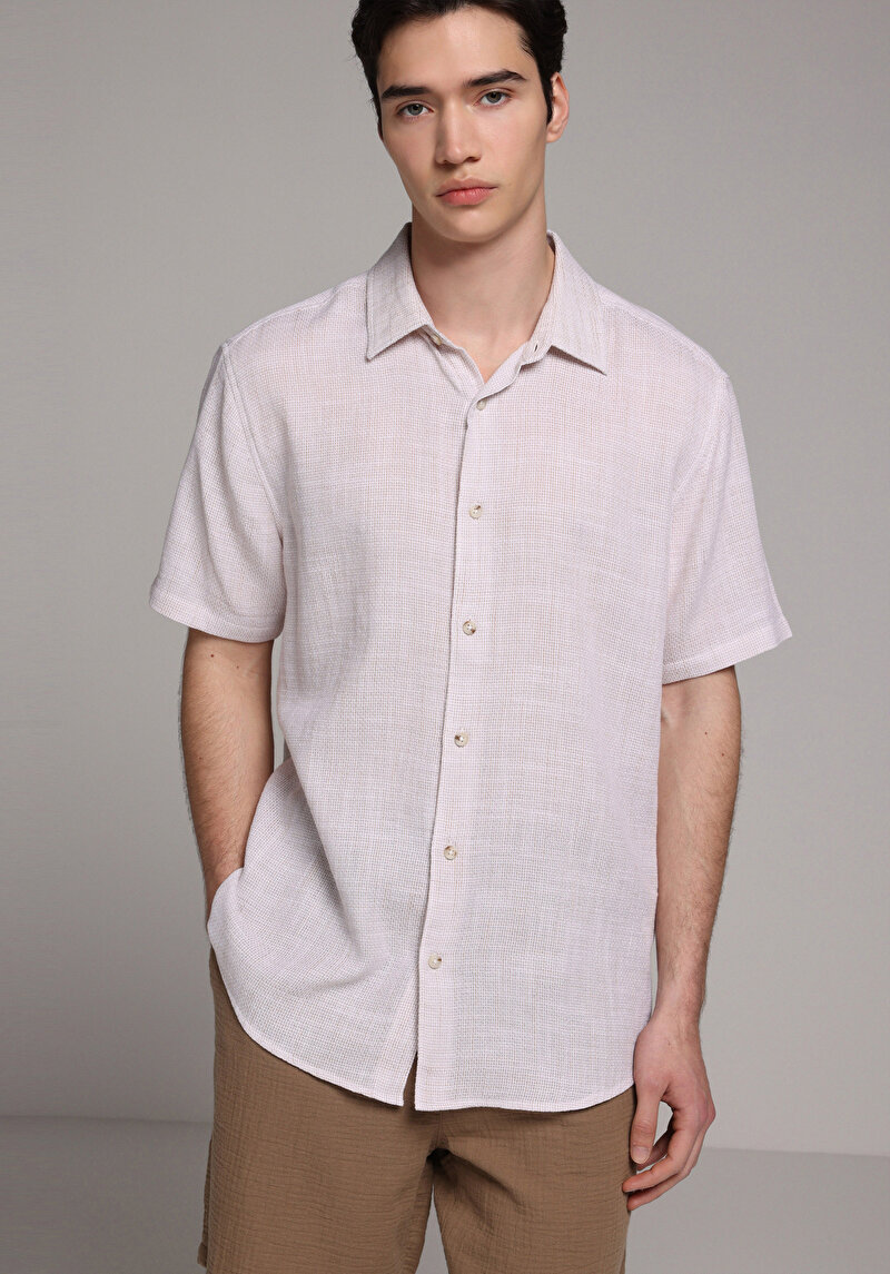 Regular Fit Shirt Neck Düz Erkek Bej Kısa Kol Gömlek