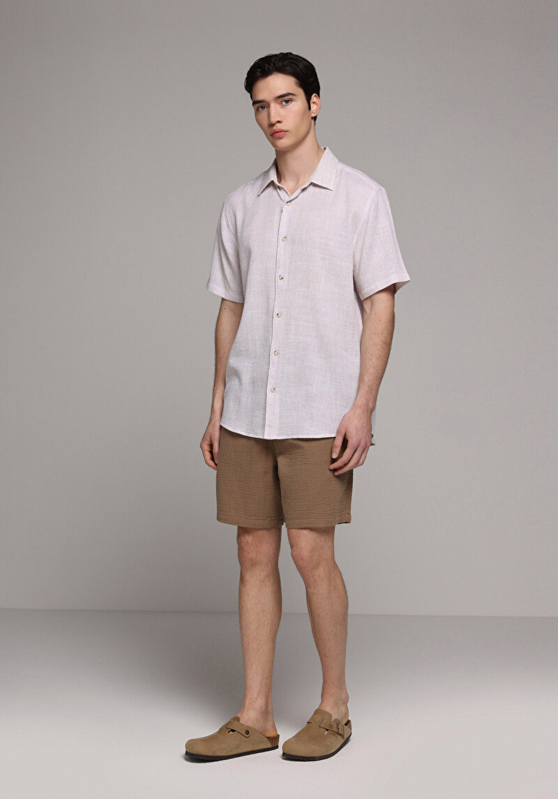 Regular Fit Shirt Neck Düz Erkek Bej Kısa Kol Gömlek
