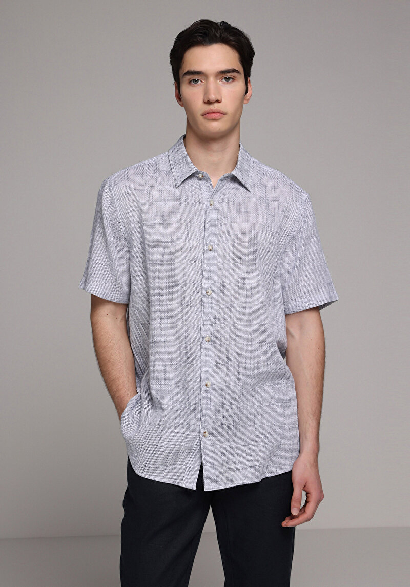 Regular Fit Shirt Neck Düz Erkek Mavi Kısa Kol Gömlek