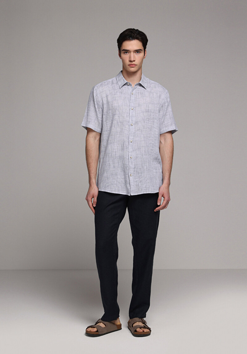 Regular Fit Shirt Neck Düz Erkek Mavi Kısa Kol Gömlek