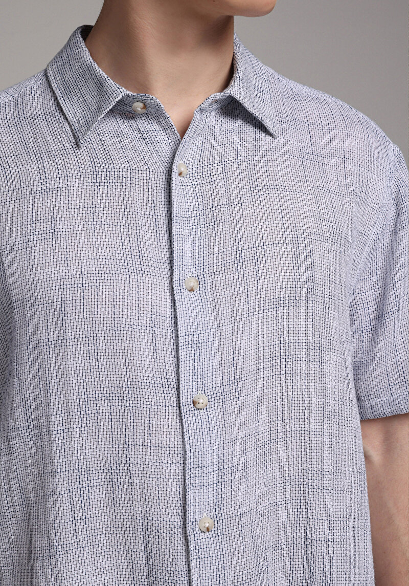 Regular Fit Shirt Neck Düz Erkek Mavi Kısa Kol Gömlek