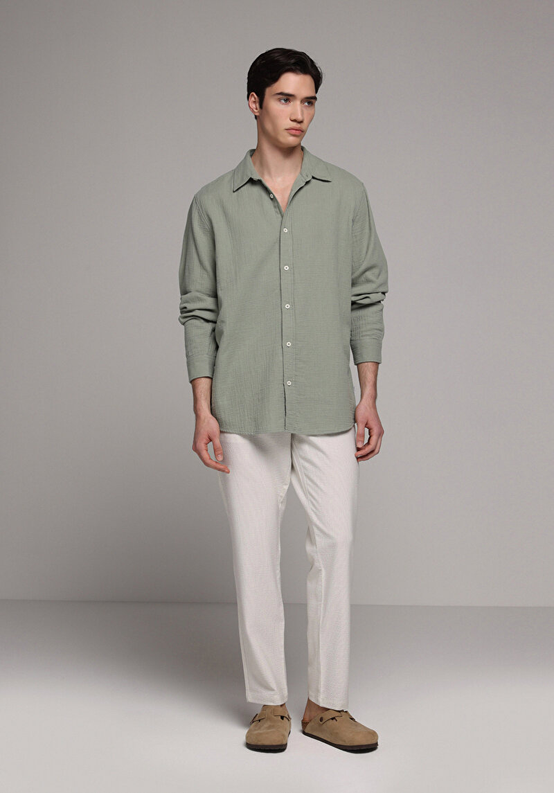 Relaxed Fit Shirt Neck Düz Erkek Yeşil Uzun Kol Gömlek
