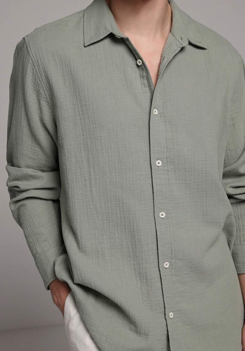 Relaxed Fit Shirt Neck Düz Erkek Yeşil Uzun Kol Gömlek