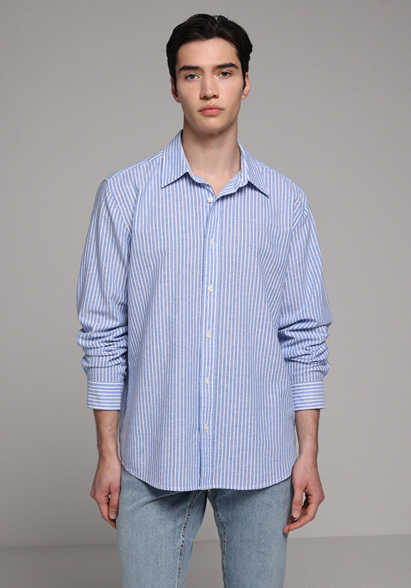 Regular Fit Shirt Neck Çizgili Erkek Mavi Uzun Kol Gömlek