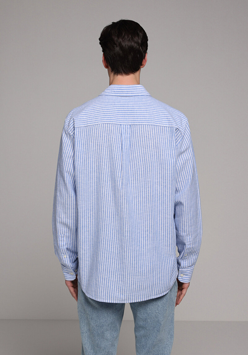 Regular Fit Shirt Neck Çizgili Erkek Mavi Uzun Kol Gömlek