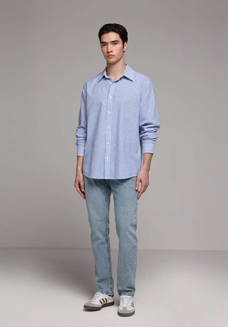 Regular Fit Shirt Neck Çizgili Erkek Mavi Uzun Kol Gömlek