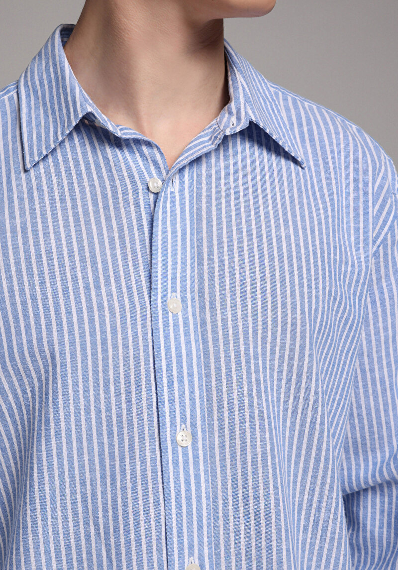 Regular Fit Shirt Neck Çizgili Erkek Mavi Uzun Kol Gömlek