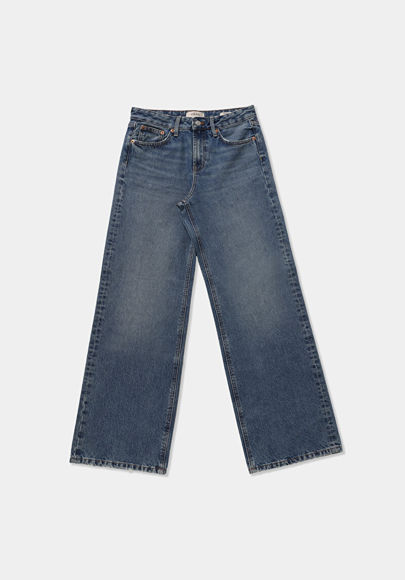 Regular Fit Yüksel Bel Geniş Paça Kadın İndigo Jean Pantolon