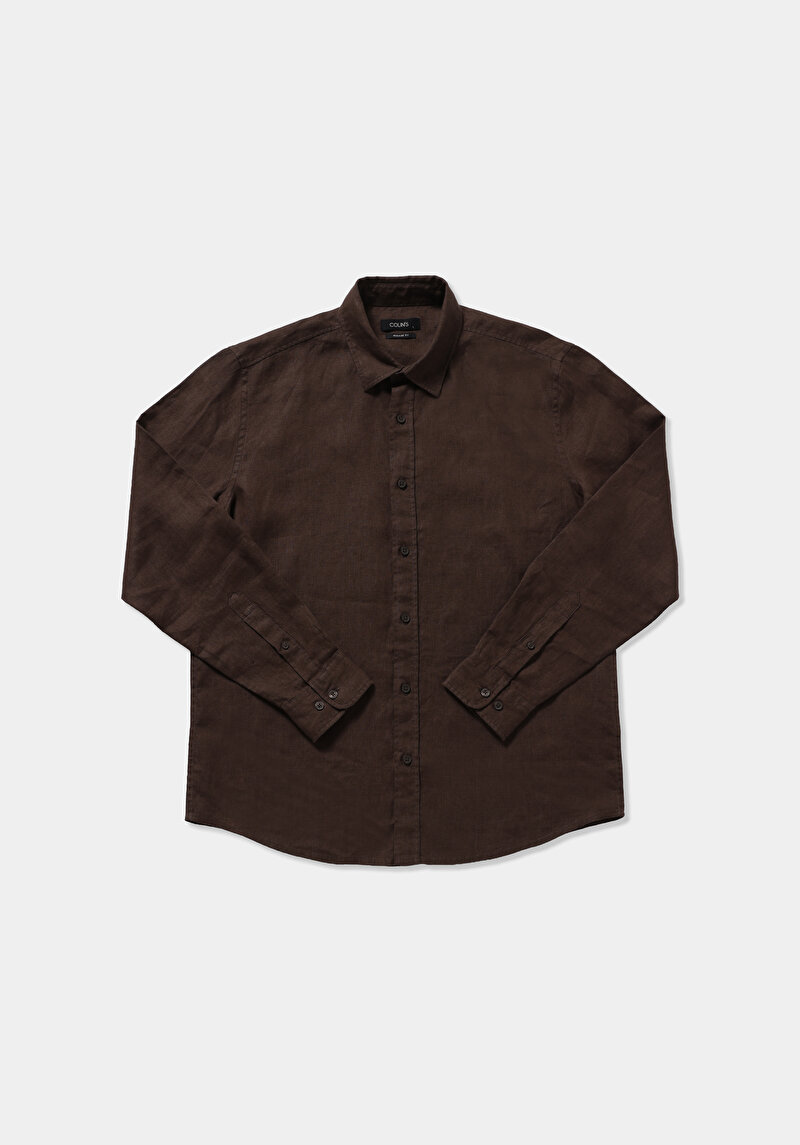 Regular Fit Shirt Neck Düz Erkek Kahverengi Uzun Kol Gömlek