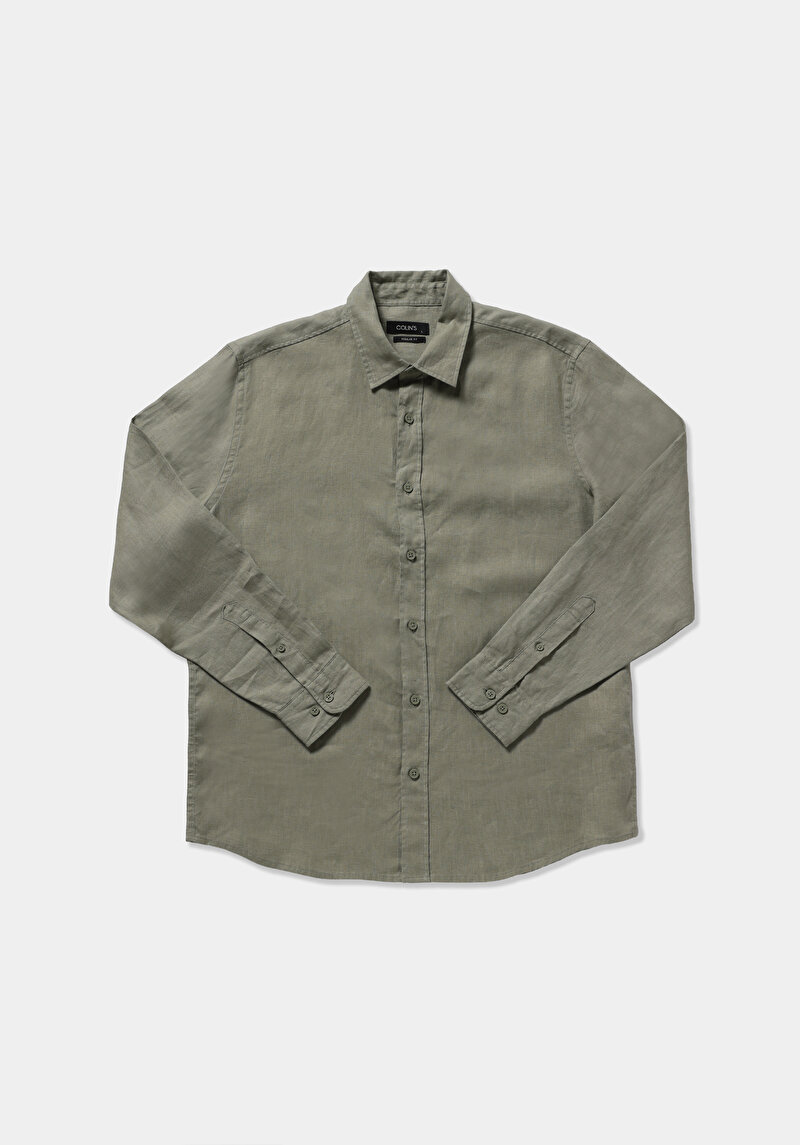 Regular Fit Shirt Neck Düz Erkek Yeşil Uzun Kol Gömlek
