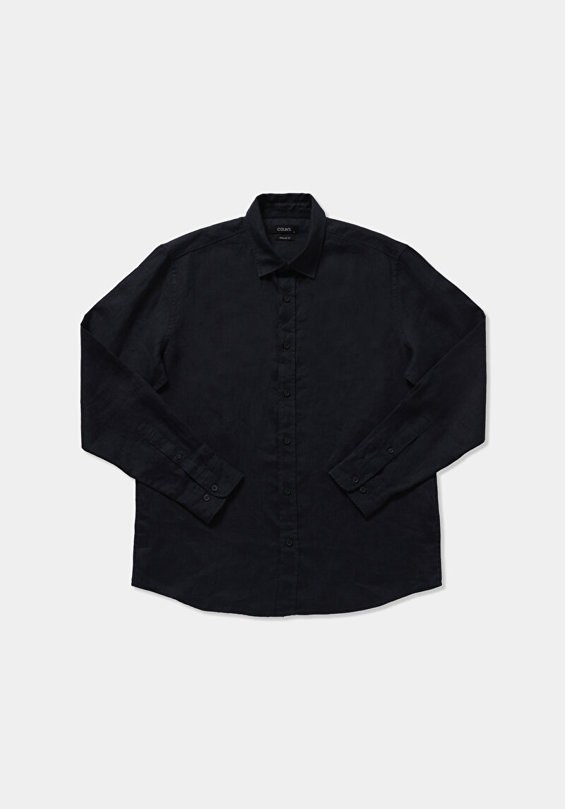 Regular Fit Shirt Neck Düz Erkek Lacivert Uzun Kol Gömlek