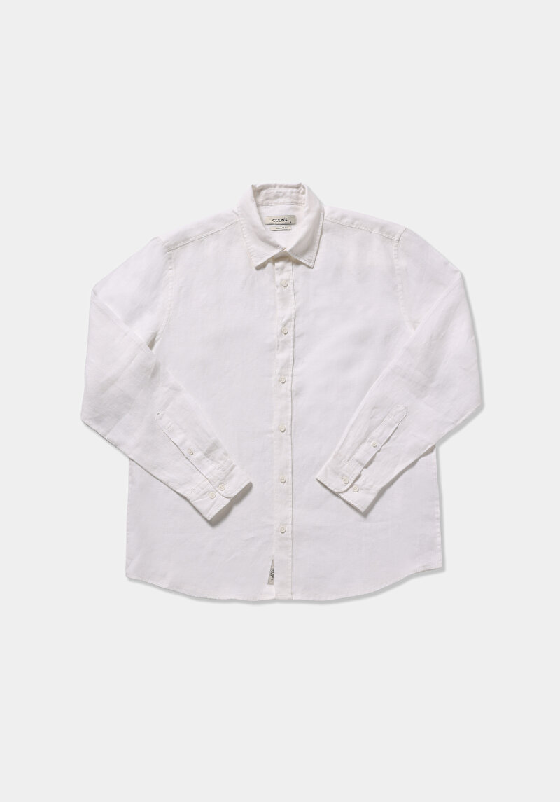 Regular Fit Shirt Neck Düz Erkek Beyaz Uzun Kol Gömlek