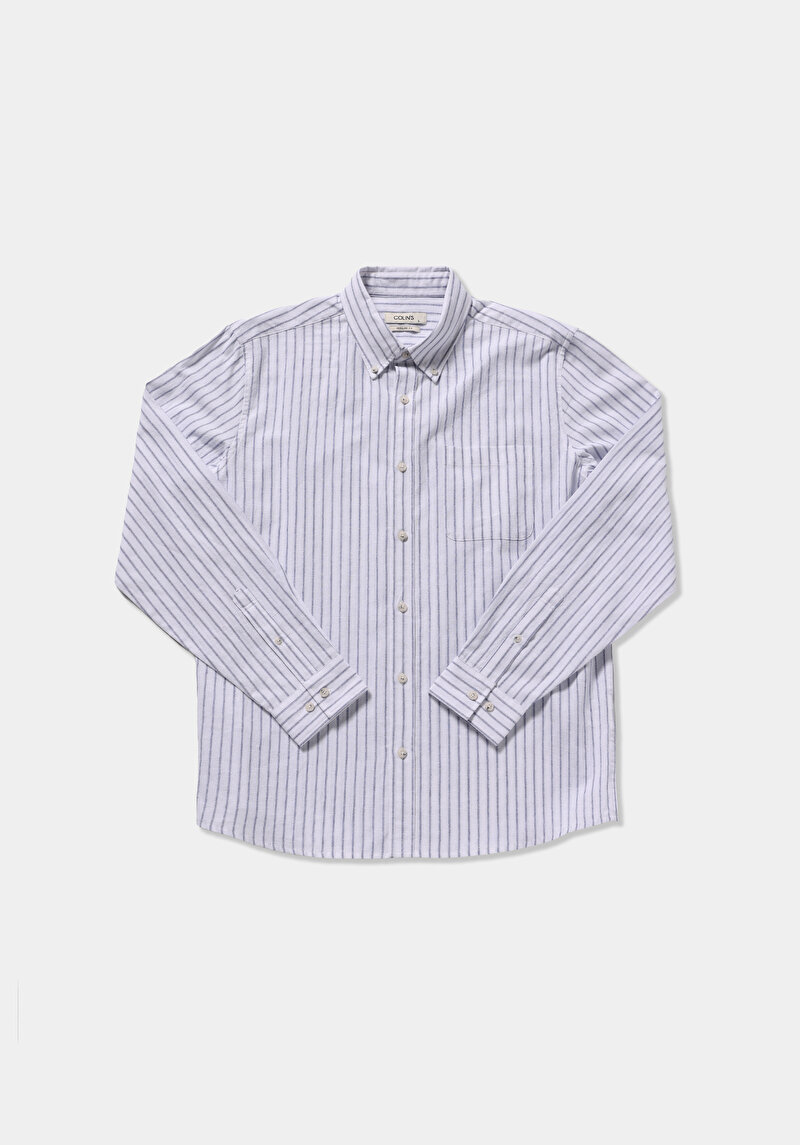 Regular Fit Shirt Neck Çizgili Erkek Lacivert Uzun Kol Gömlek
