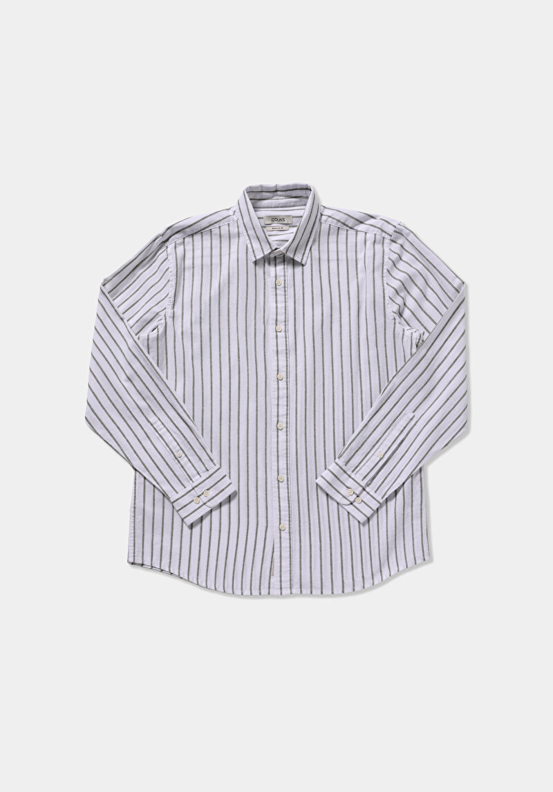 Regular Fit Shirt Neck Çizgili Erkek Yeşil Uzun Kol Gömlek