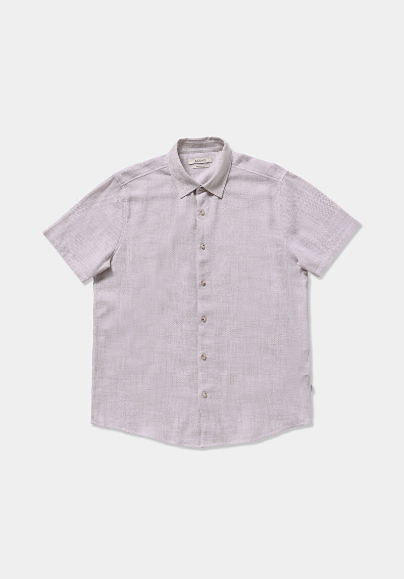 Regular Fit Shirt Neck Düz Erkek Bej Kısa Kol Gömlek