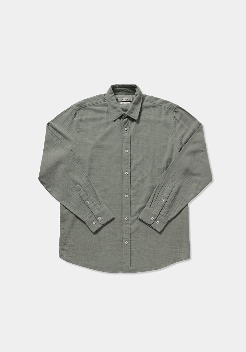 Relaxed Fit Shirt Neck Düz Erkek Yeşil Uzun Kol Gömlek
