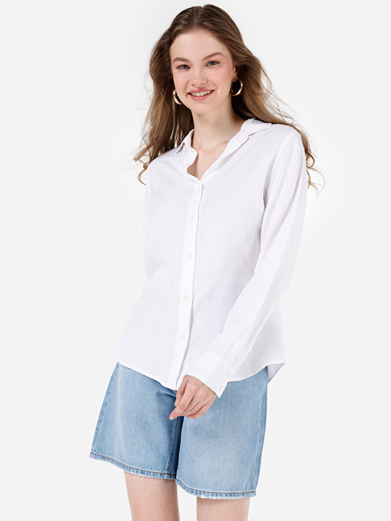 Regular Fit Shirt Neck Düz Kadın Beyaz Uzun Kol Gömlek