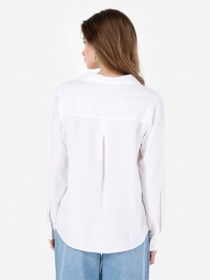 Regular Fit Shirt Neck Düz Kadın Beyaz Uzun Kol Gömlek