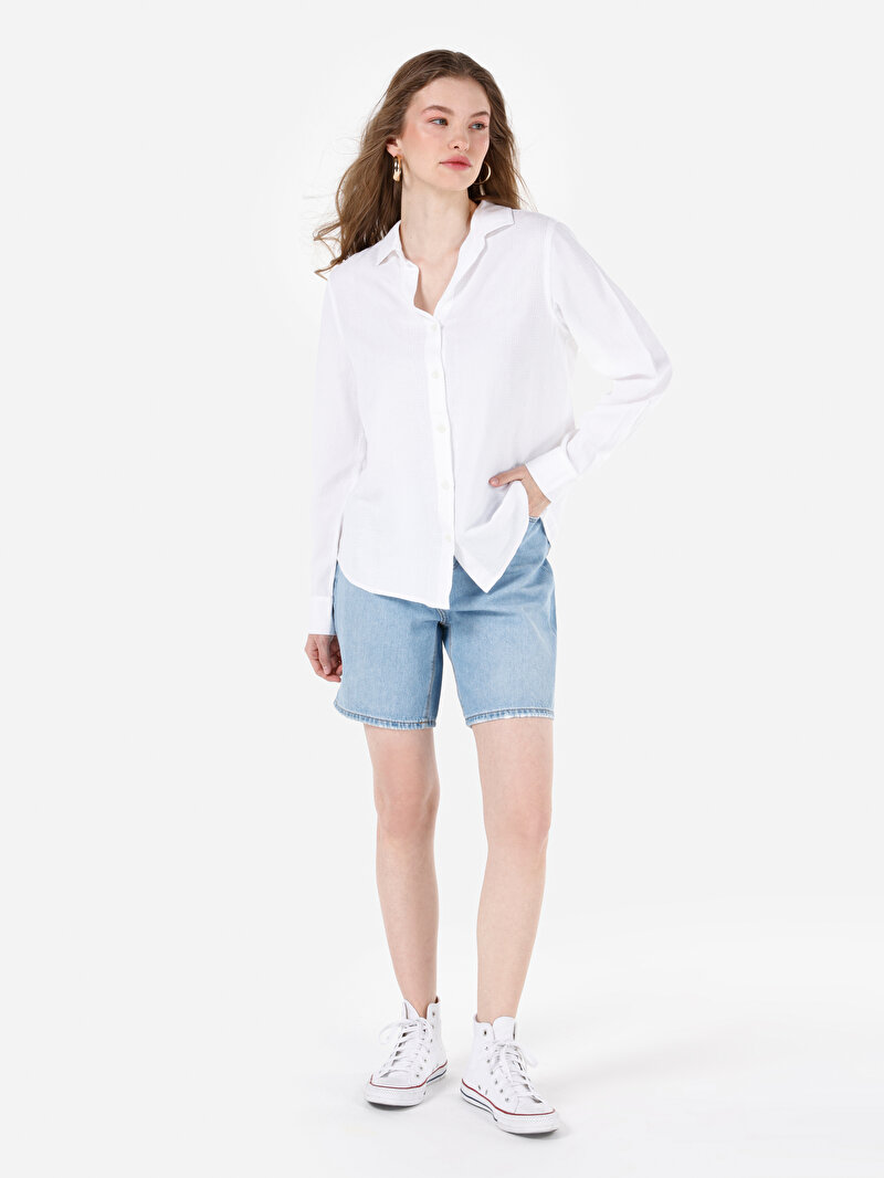 Regular Fit Shirt Neck Düz Kadın Beyaz Uzun Kol Gömlek