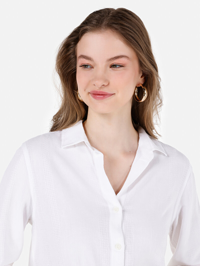 Regular Fit Shirt Neck Düz Kadın Beyaz Uzun Kol Gömlek