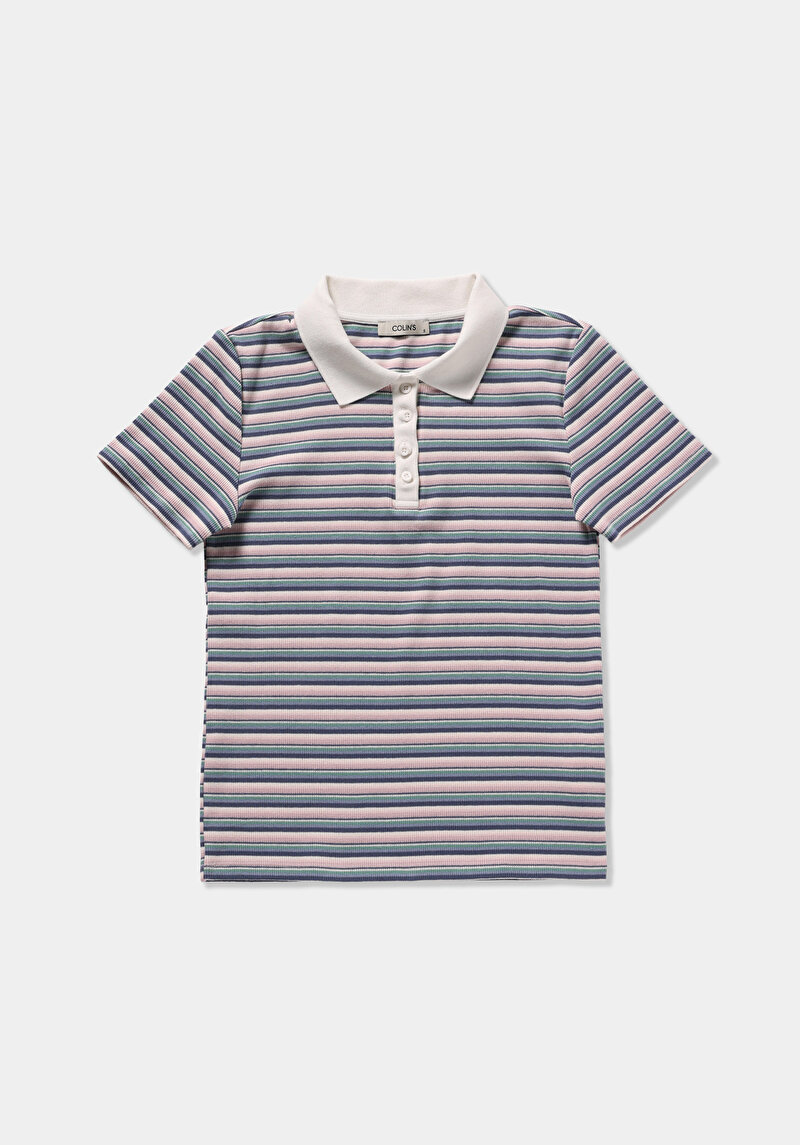 Slim Fit Polo Yaka Çizgili Kadın Pembe Kısa Kol Tişört